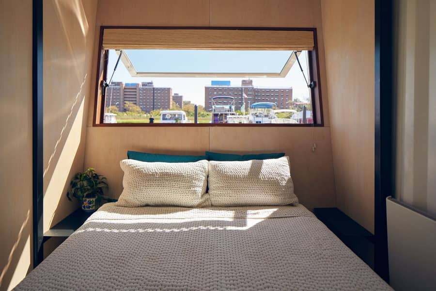 Cozy coastal bedroom inside New York City's sustainable floating 