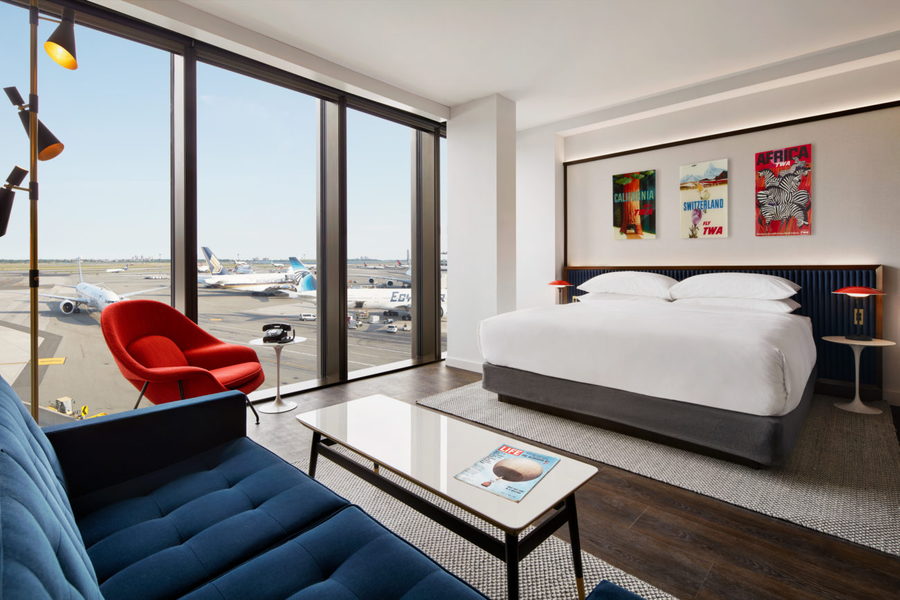 A typical guest room inside the revamped TWA Hotel. 