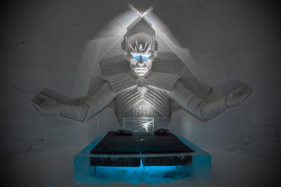 The sinister Night King towers over this bedroom in the Lapland Hotels SnowVillage 