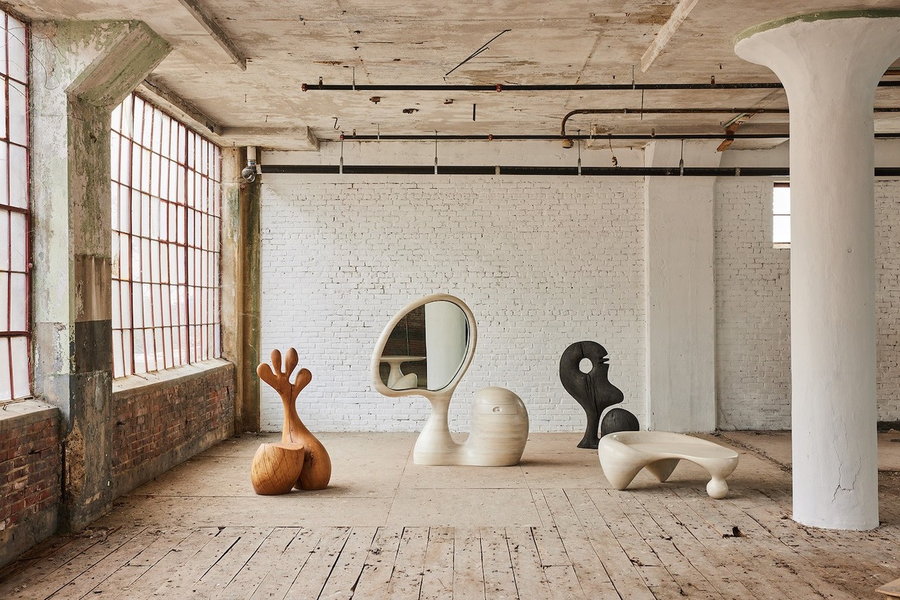 Sculptural wooden furniture pieces featured in Aaron Poritz' 