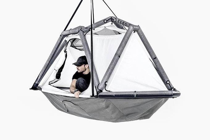 The ARK adaptable outdoor shelter in hammock mode.