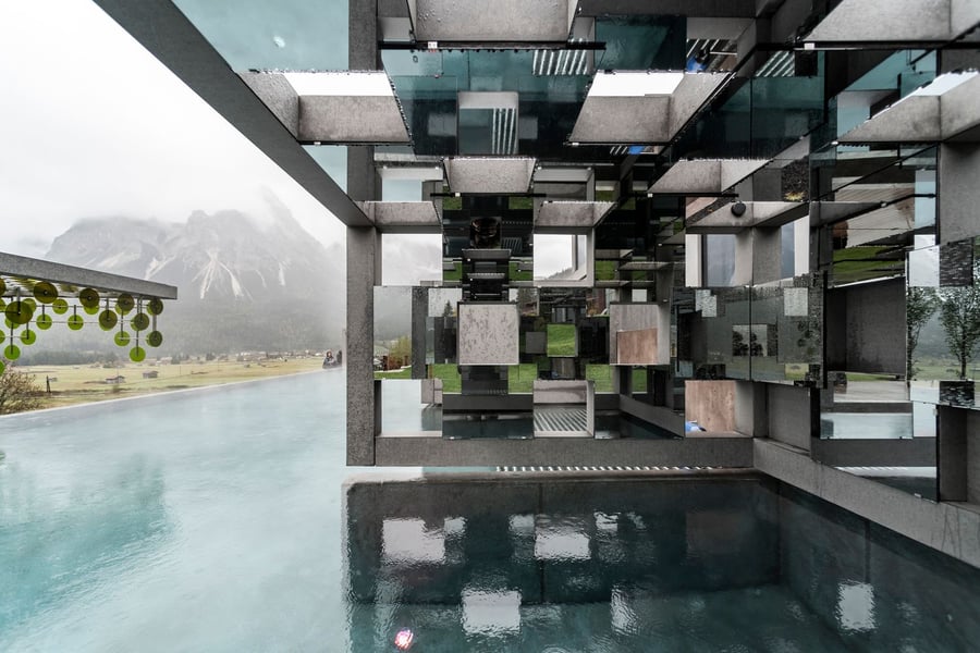 Small glass cubes form an exterior grid around the noa*-designed Mohr Life Resort 