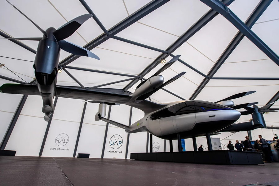Supernal S-A1 eVTOL on display inside the UK's new Air-One airport for flying cars.
