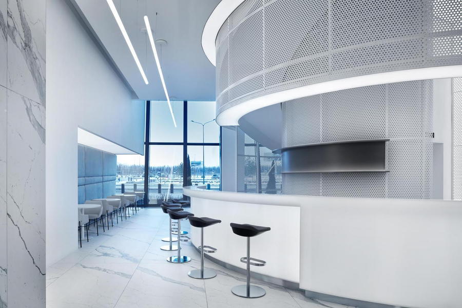 The bar area inside the new VIP lounge is similarly minimalistic for a totally space-age feel. 