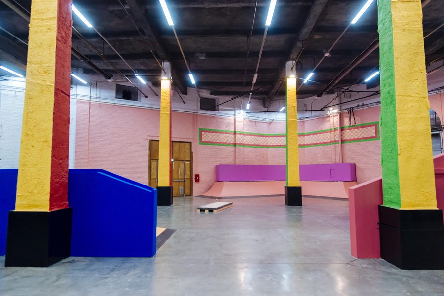 The brightly-colored interiors of the Yinka Ilori-designed Colorama Skatepark inspire fun and collaboration.