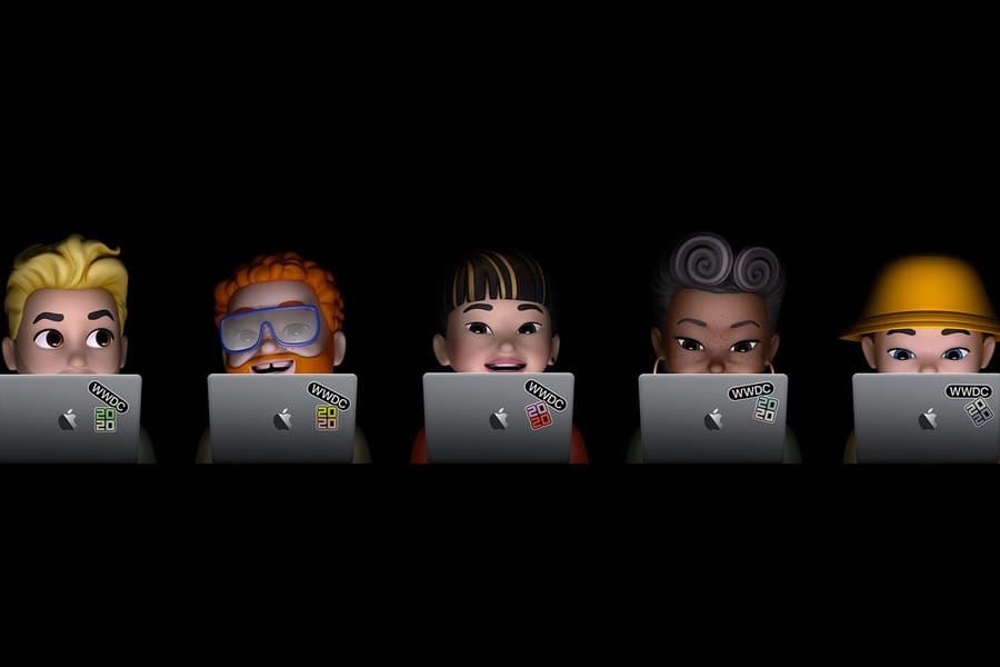 Promotional image for Apple's 2020 Worldwide Developers Conference, featuring custom 3D emoji characters made from Apple software.