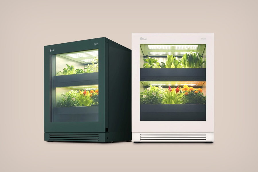 White and green LG Tiuun smart indoor green units side-by-side.
