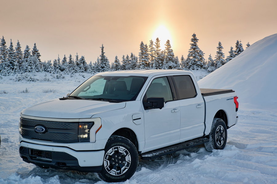 Ford's new F-150 Lightning EV in the snow. 