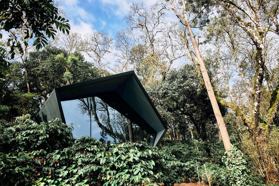 Prefab Cabin A24 nestled into a lush mountainside in Bettagere Estate, Coorg, India.