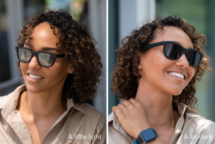 Woman models the same pair of Dusk smart sunglasses set to two different tints.