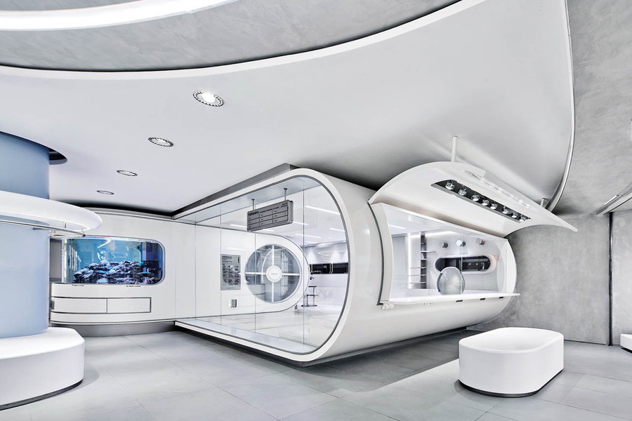 The sleek Jetsons-like interior of Bosie's spaceship-like retail store in Shanghai.