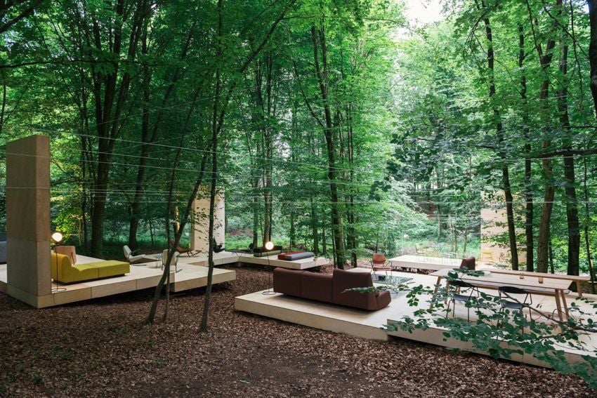 Prostoria furniture pieces arranged in the middle of a Croatian forest as part of the company's 