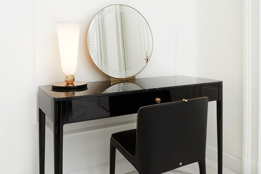 Sleek minimalist desk in Versace's Milan Home Store