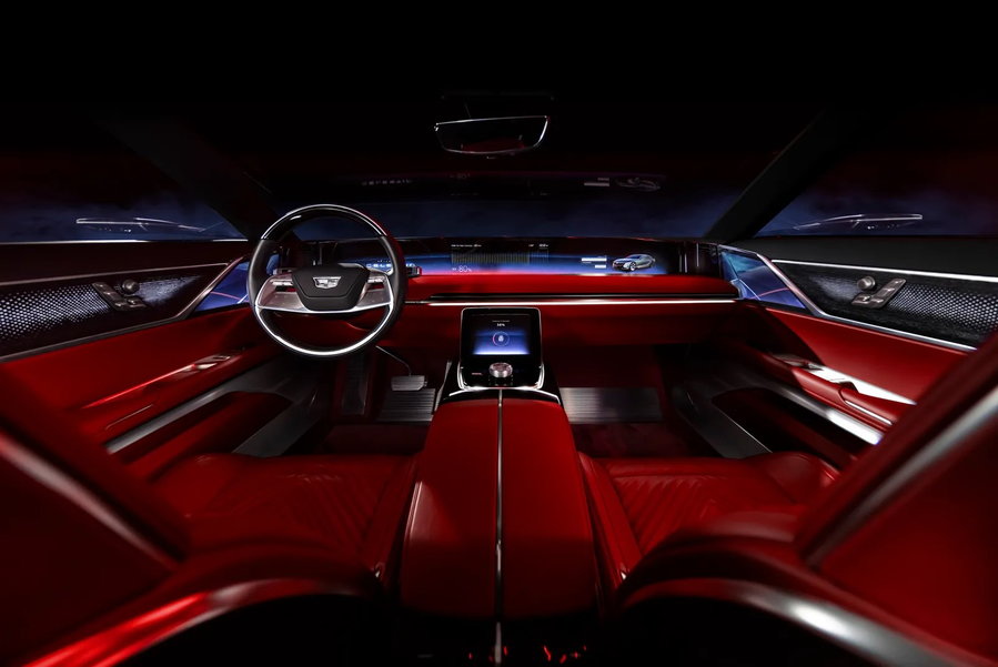 Lush red and black interiors of the upcoming Cadillac Celestiq. 
