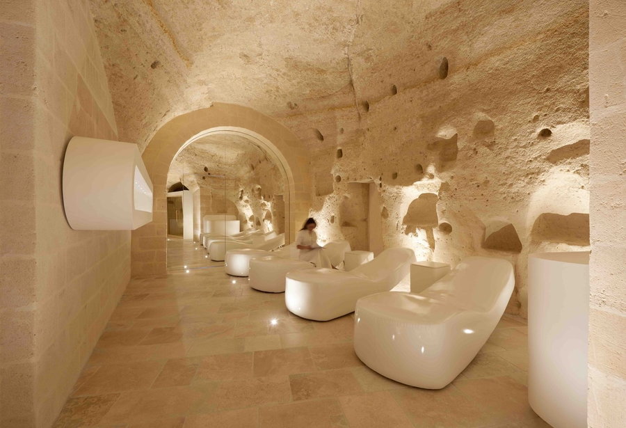 Luxurious spa area inside Italy's new Aquatio Hotel and Spa, itself built inside a series of ancient natural caves. 
