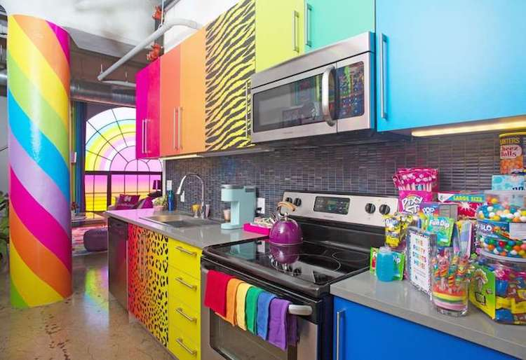 the colorful kitchen inside the new Lisa Frank flat from Hotels.com