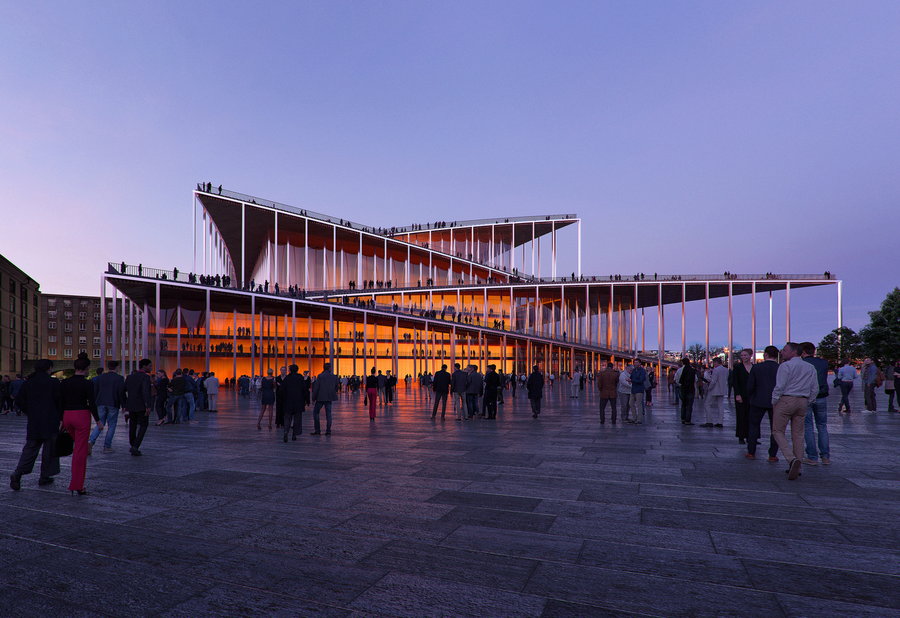Rendering for BIG's winning Vltava Philharmonic Hall design in Prague.