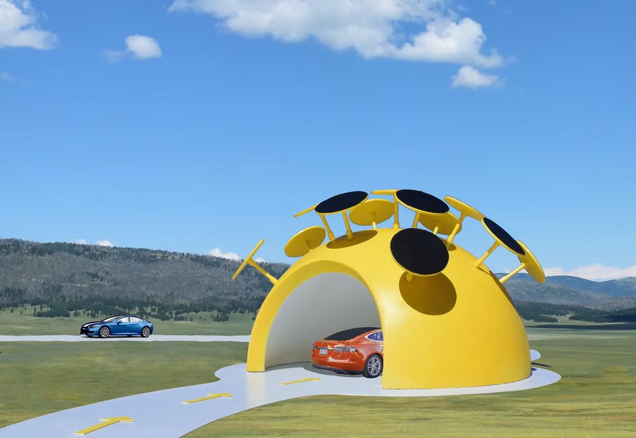Dome-shaped solar-powered Yellow Charging Station for EVs, conceptualized by Michael Jantzen.