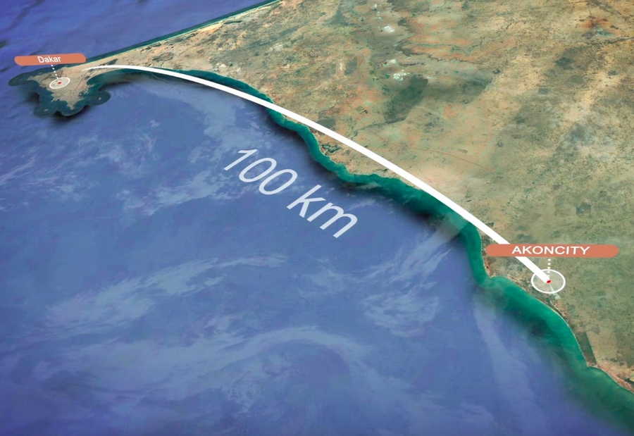 Map shows that Akon City would only be about 100 kilometers away from Dakar.