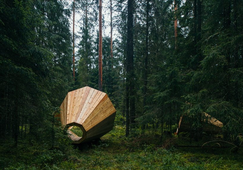 Rear view of the giant RUUP megaphones, nestled neatly between the firs of the Estonian forest.