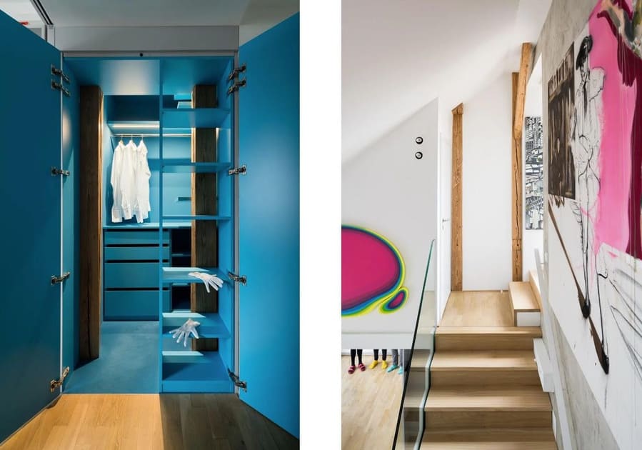 Two images from The Art Maisonette apartment showing a blue closet and the main staircase