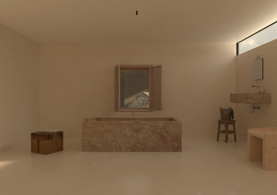 Computer-generated image of Maison's bare-bones bathroom.