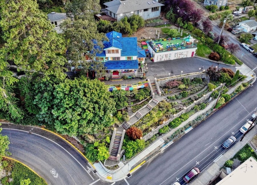 Aerial view of Hood River's colorful 'Rainbow House.