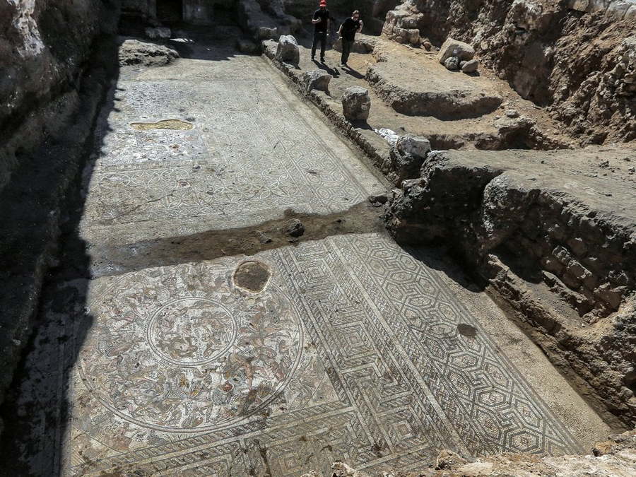Aerial view of a 1,600-year-old Roman mosaic recently uncovered in Rastan, Syria.