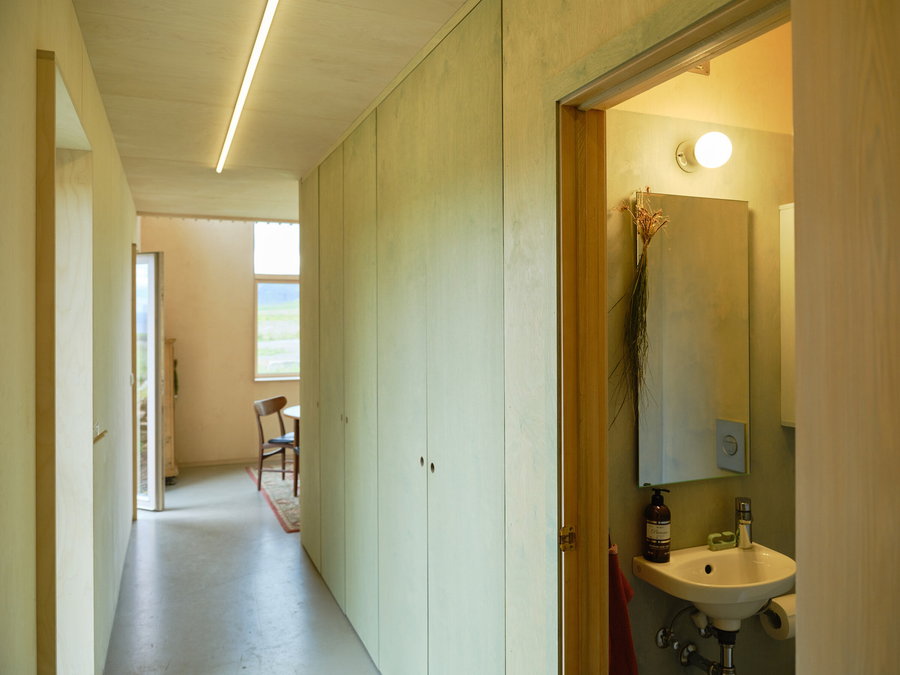 Light-colored plywood panels line the interiors of Studio Bua's renovated Icelandic barn. 