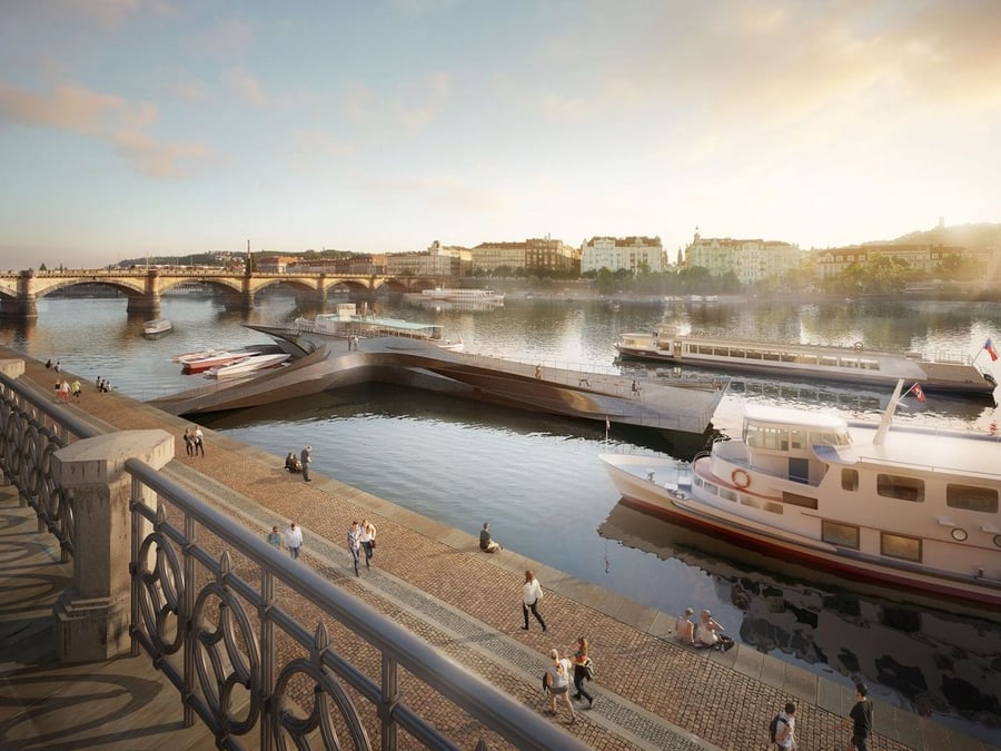 Brainwork Studio's clean, open vision for the completely restored Vltava River boat terminal.