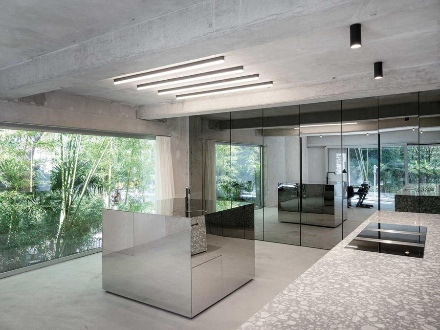 The interiors of Casa Morgana are filled with mirrors and speckled terrazzo surfaces.