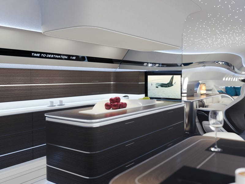 The BBJ is so expansive, it even boasts its own kitchen, complete with everything necessary to prepare a gourmet meal. 
