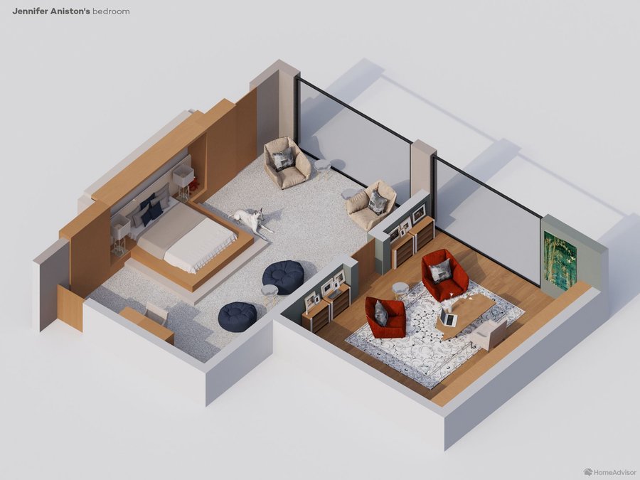 Layout for Jennifer Aniston's master bedroom.