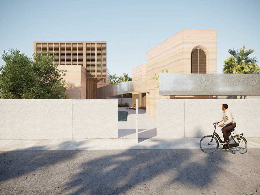 Street view of House Gallery Boafo, a rammed earth live/work space in Ghana by Tzou Lubroth. 