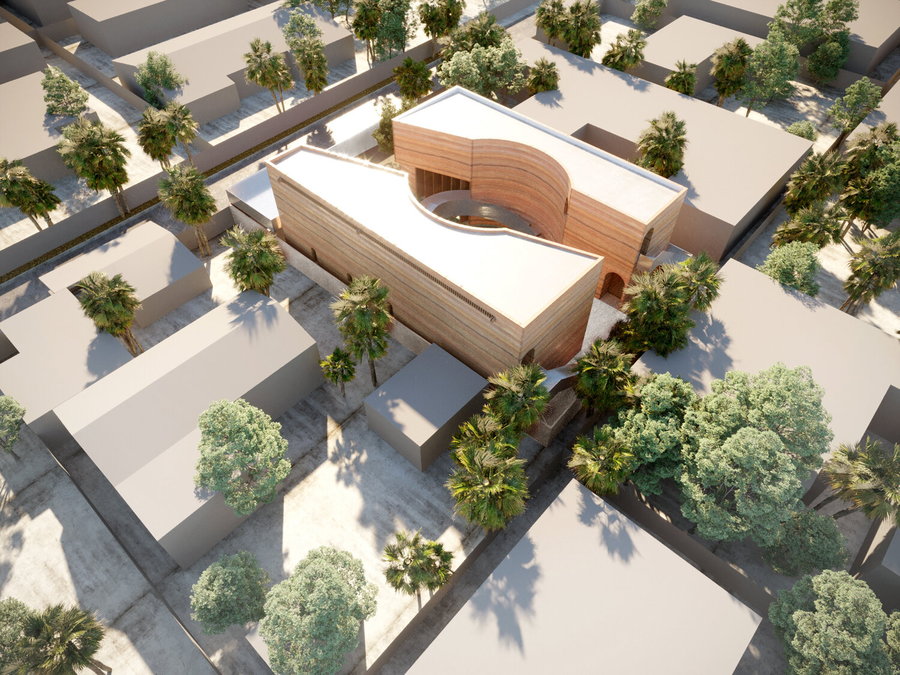 Aerial view of the House Gallery Boafo's two main rammed earth volumes. 