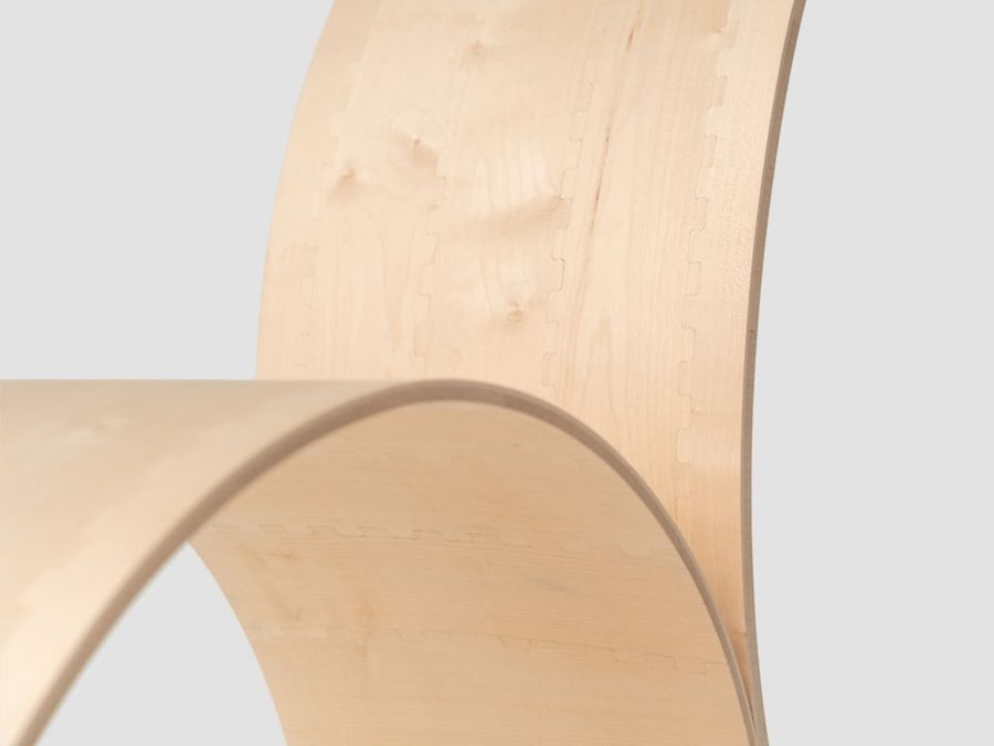 Close-up view of the amazing HygroShape self-assembling wood chair.
