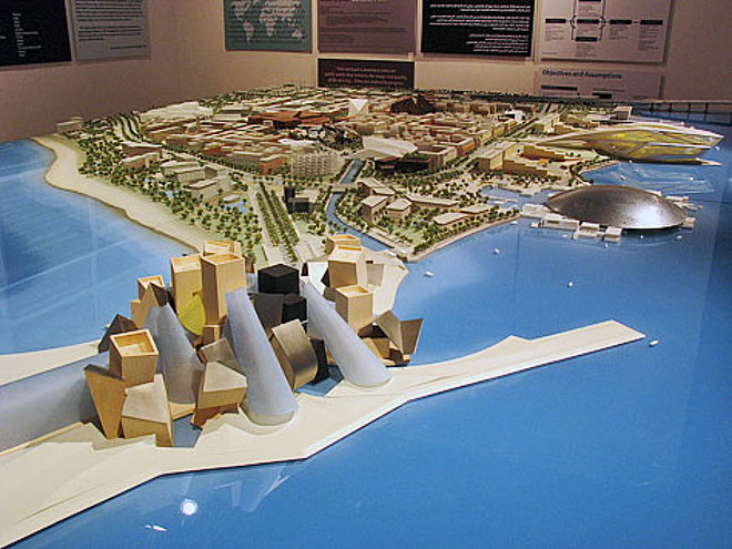 Miniature model shows the Guggenheim Abu Dhabi's location on the UAE's Saadiyat Island.