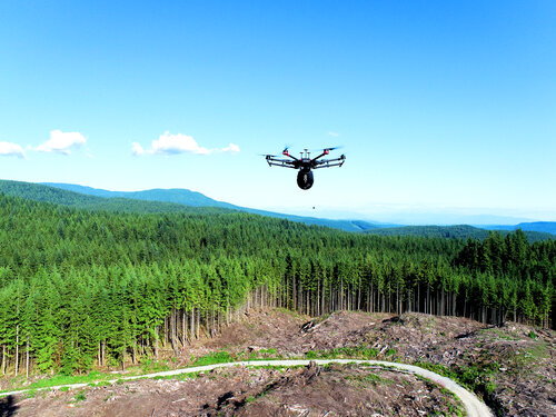 A Flash Forest seed-shooting drone mid-flight