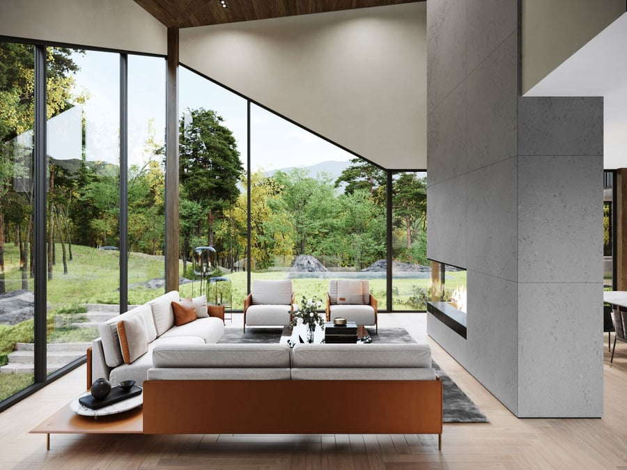 The ultramodern living area inside the Aston Martin-designed Sylvan Rock home in upstate New York.