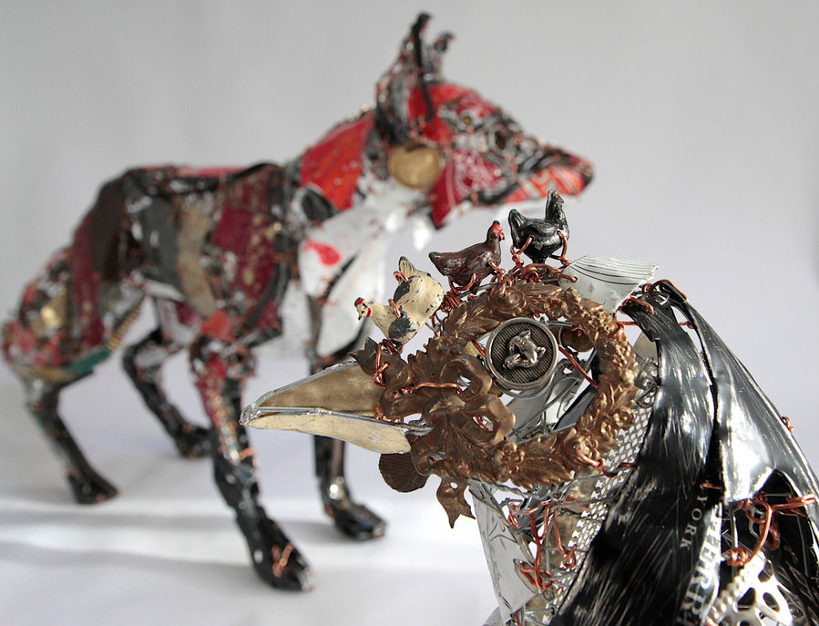 Mesmerizing upcycled metal hen and fox sculptures by artist Barbara Franc.