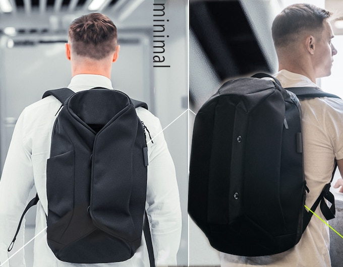 Pictures show the Orphosis backpack's streamlined minimalist aesthetic from every angle. 