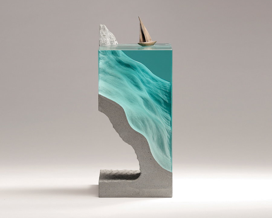 A breathtaking glass sculpture by Australian artist Ben Young, depicting a sailboat on still waters