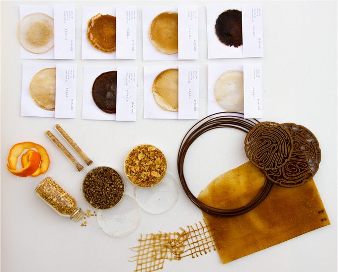 Breakdown of all the organic materials used to create the Ohmie orange peel lamp.