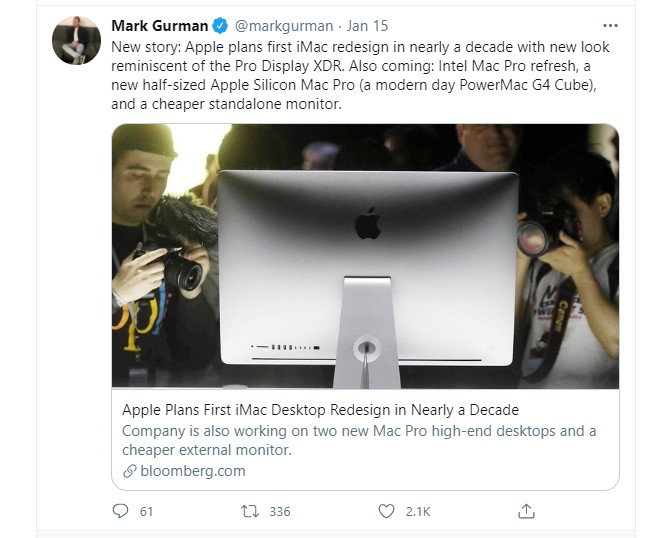The initial Bloomberg tweet that set the internet ablaze with rumors of a 2021 iMac redesign.