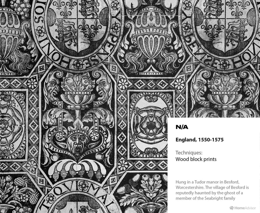 Wood block printed wallpaper, circa England 1550 to 1575
