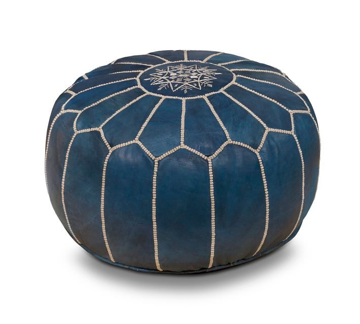 Blue Leather Pouf from Pottery Barn