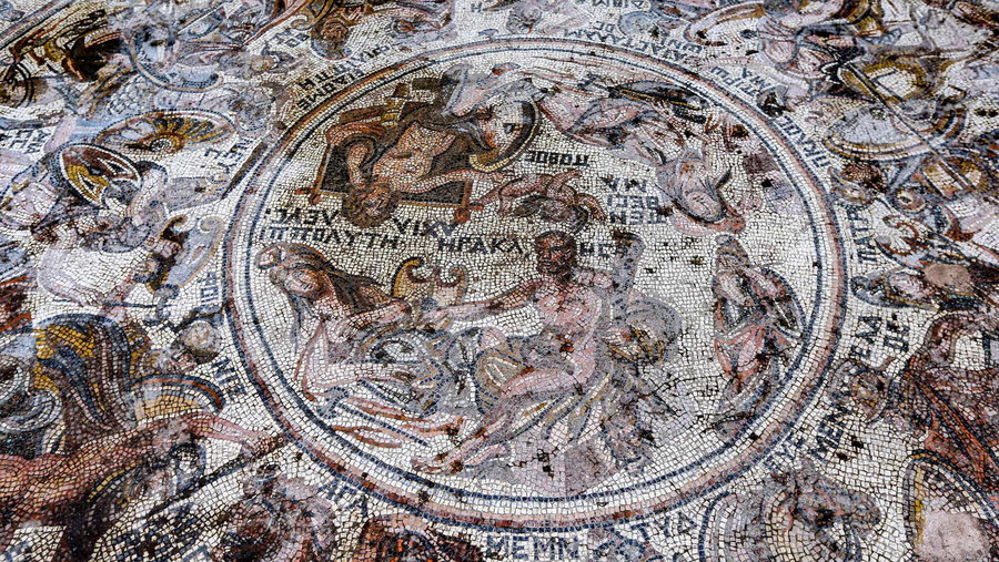 Intricate inset on a recently uncovered Roman mosaic in Rastan, Syria depicts scenes from the Trojan War.