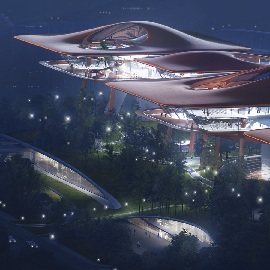  MAD Architects' bold vision for the Chongqing Cuntan International Cruise Center revolves around futuristic structures inspired by steel gantries. 