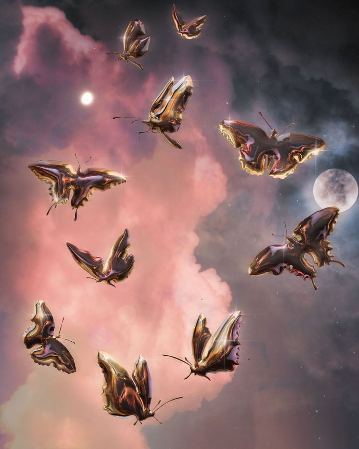Metallic-like butterflies in flight by graphic designer Alex Valentina.