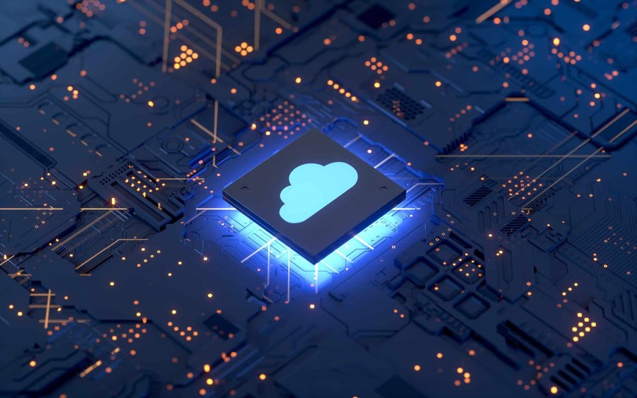 Cloud computing chip on a circuit board.